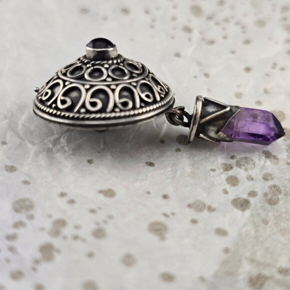 Vintage Sterling Silver 925 Round Pendant Amethyst Gemstone & Dangling Charm - Picture 4 of 9